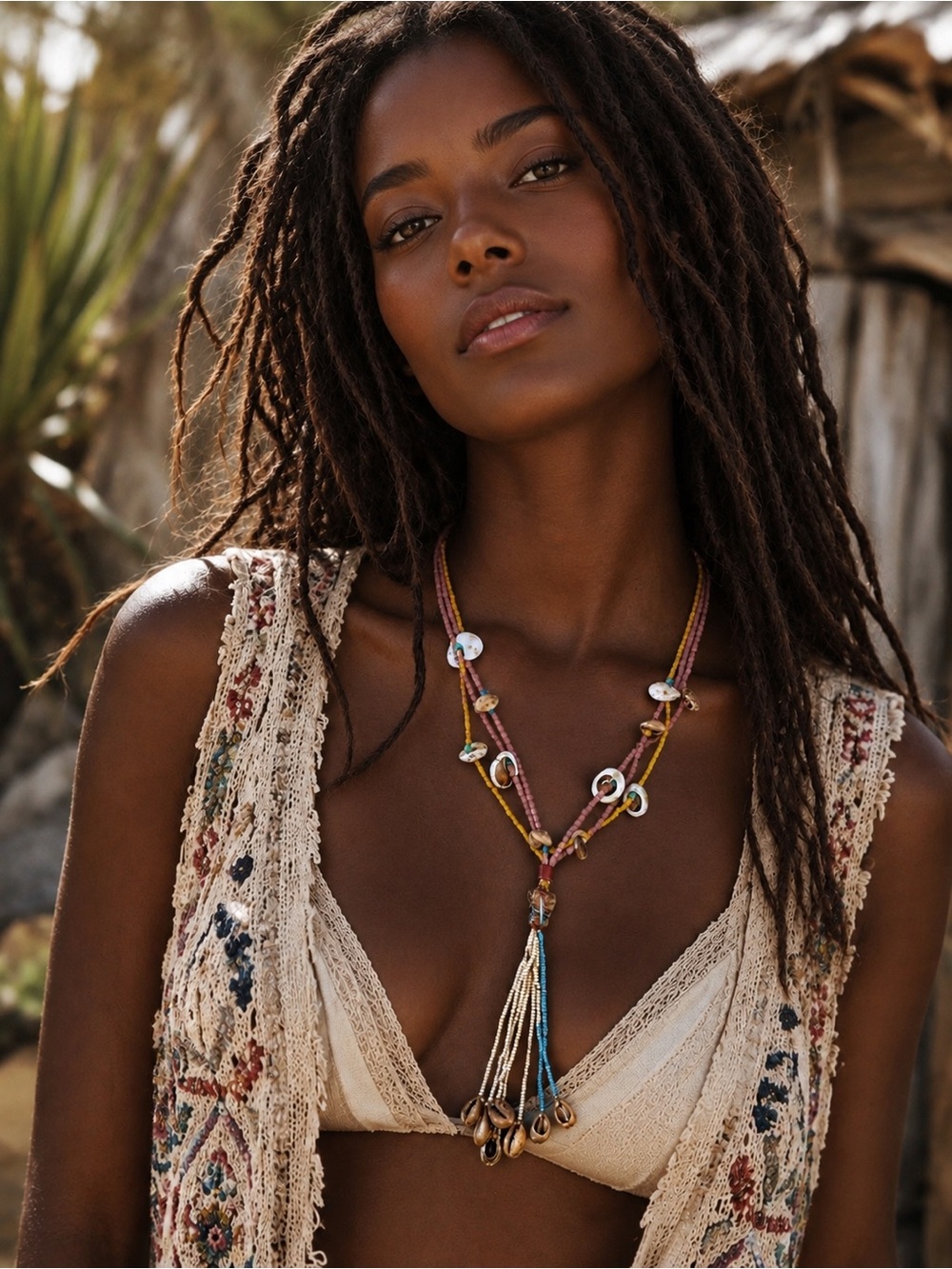 African Fulani Tribe Necklace Glass Beads & Cowrie Shells Africa